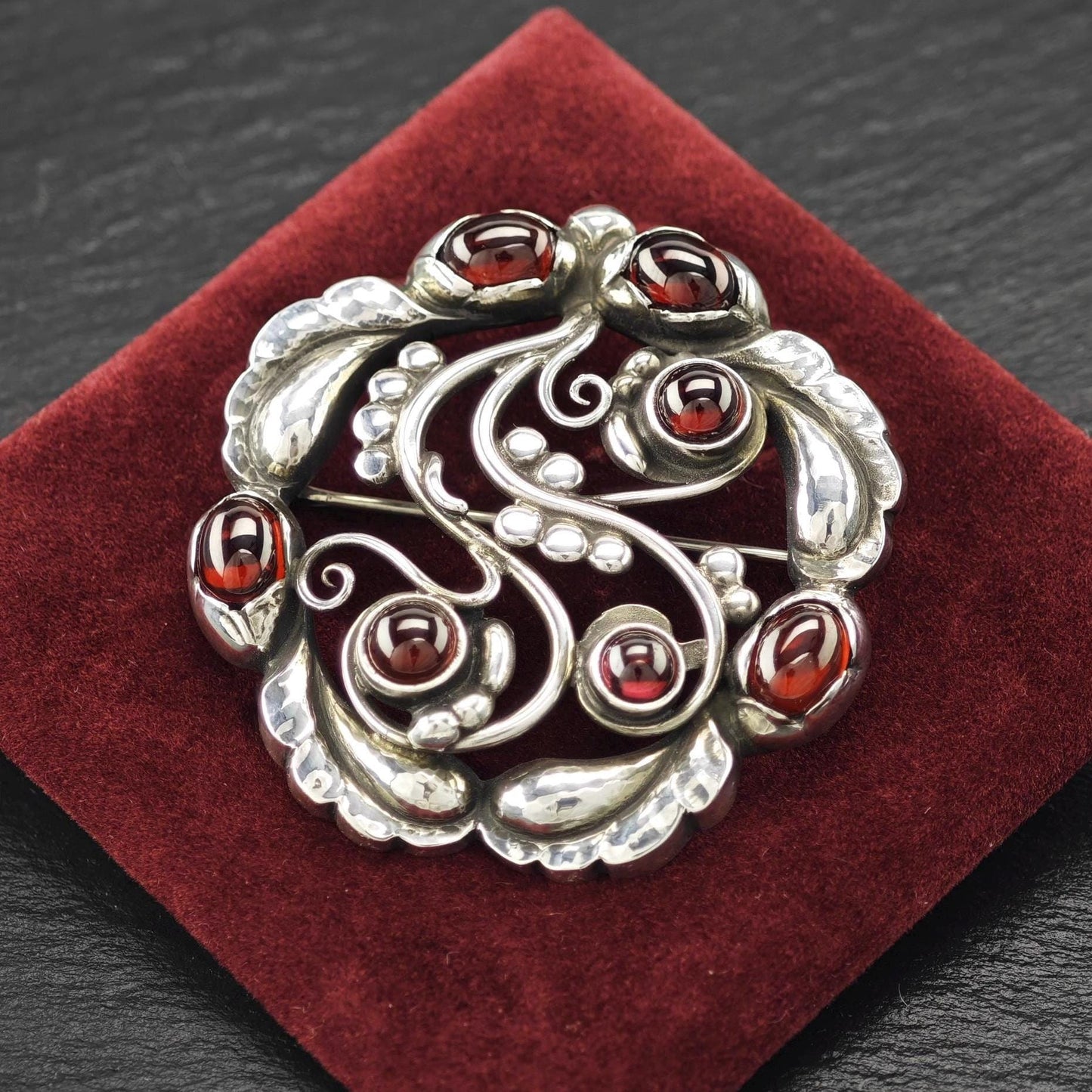 Georg Jensen 159, Garnet Moonlight Blossoms Brooch Sterling Silver