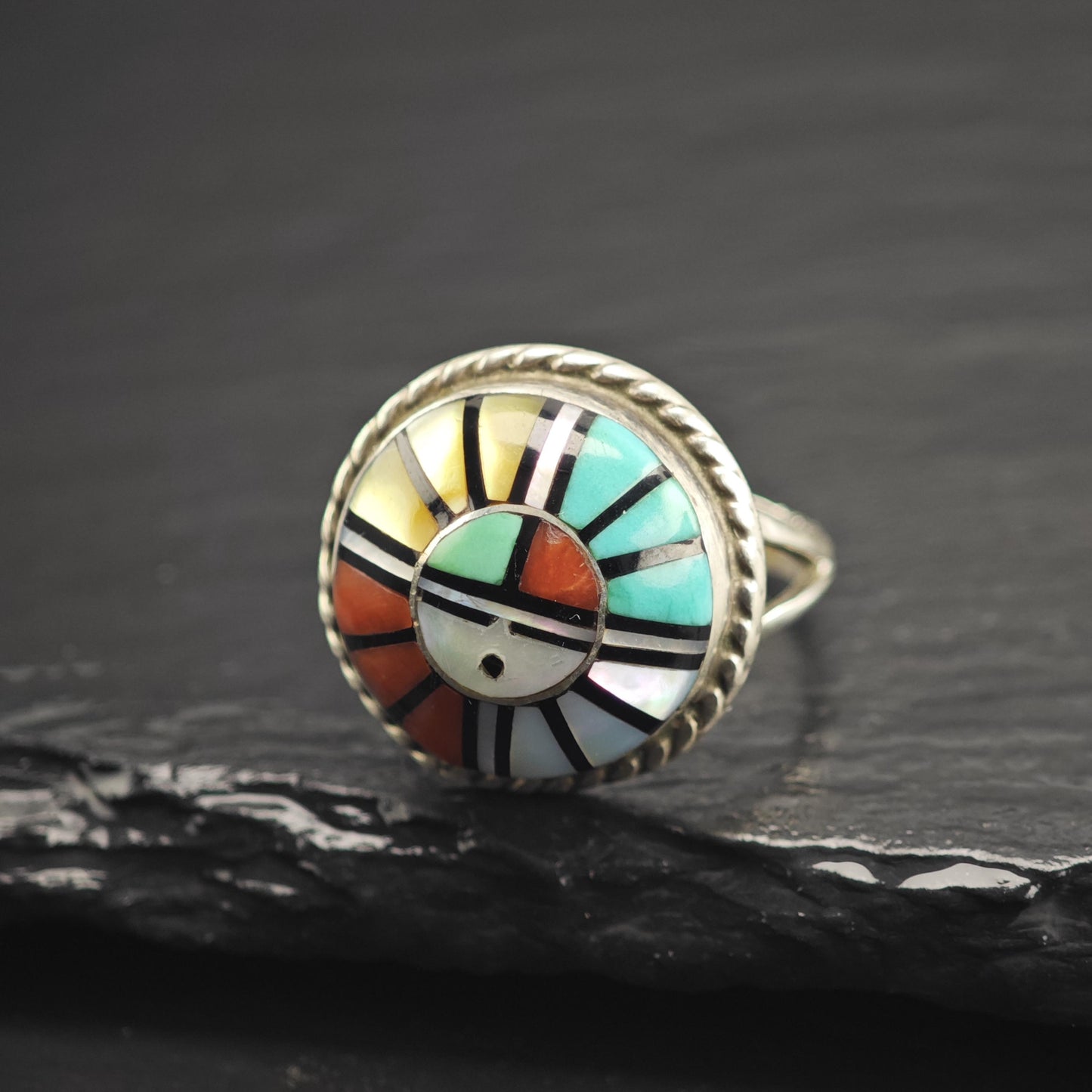 Zuni Inlay Sunface Sterling Silver Ring by Angela Lahty Sz 7 R6671