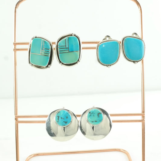 Choice of Vintage Sterling Silver Clip on Earrings, Native American Blue Turquoise Inlay