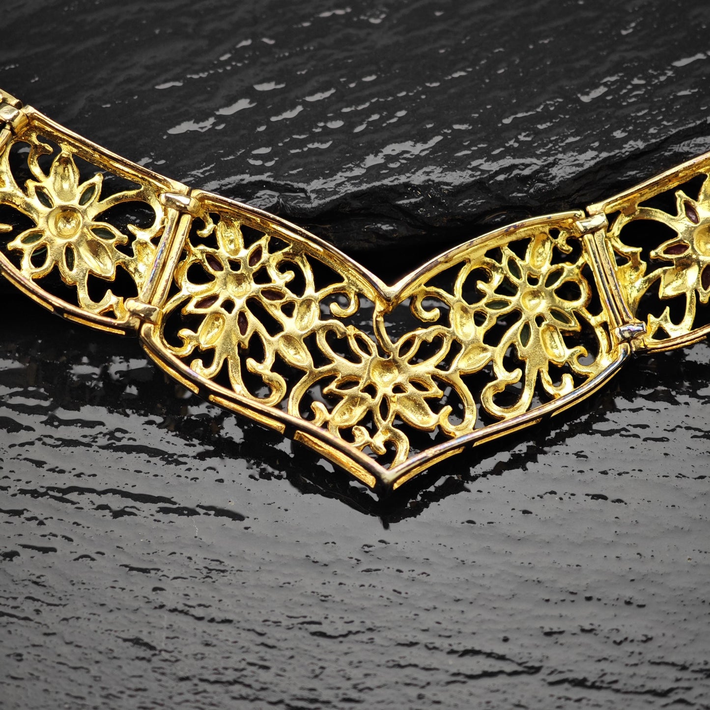 Multi-color Emerald Ruby Sapphire Floral Gold Plated Collar Necklace Sterling Silver N2657