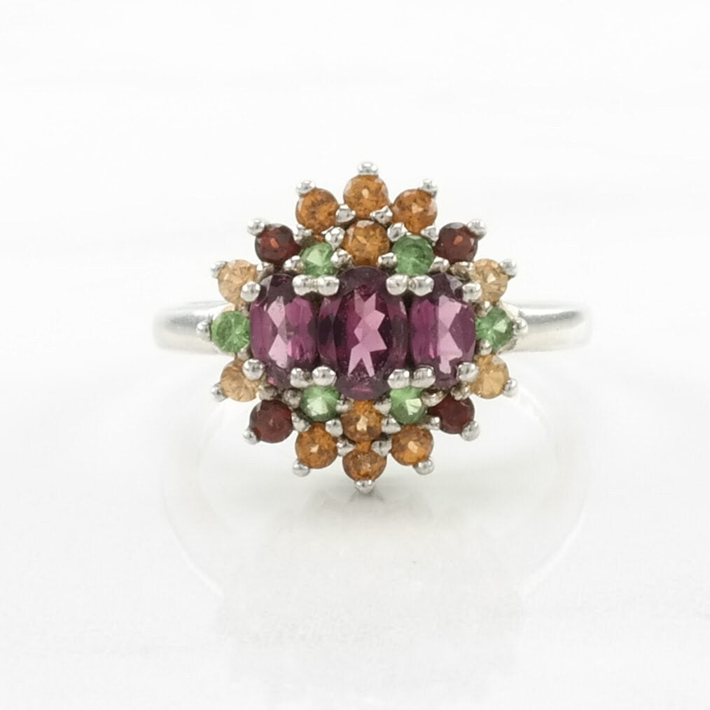 Sterling Silver Ring Garnet, Peridot, Citrine Cluster Size 8