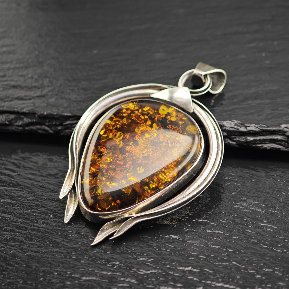 Large Teardrop Amber Sterling Silver Pendant P3125