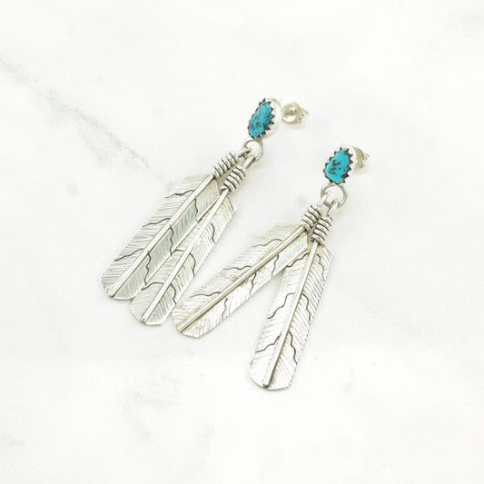 Native American Sterling Silver Blue Turquoise Feather Earrings Stud/dangle