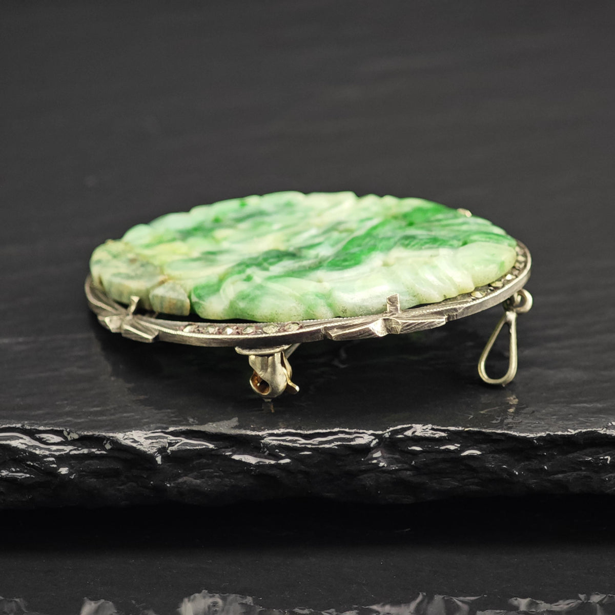 Art Deco Carved Jade Brooch Pendant 800 Silver B2245