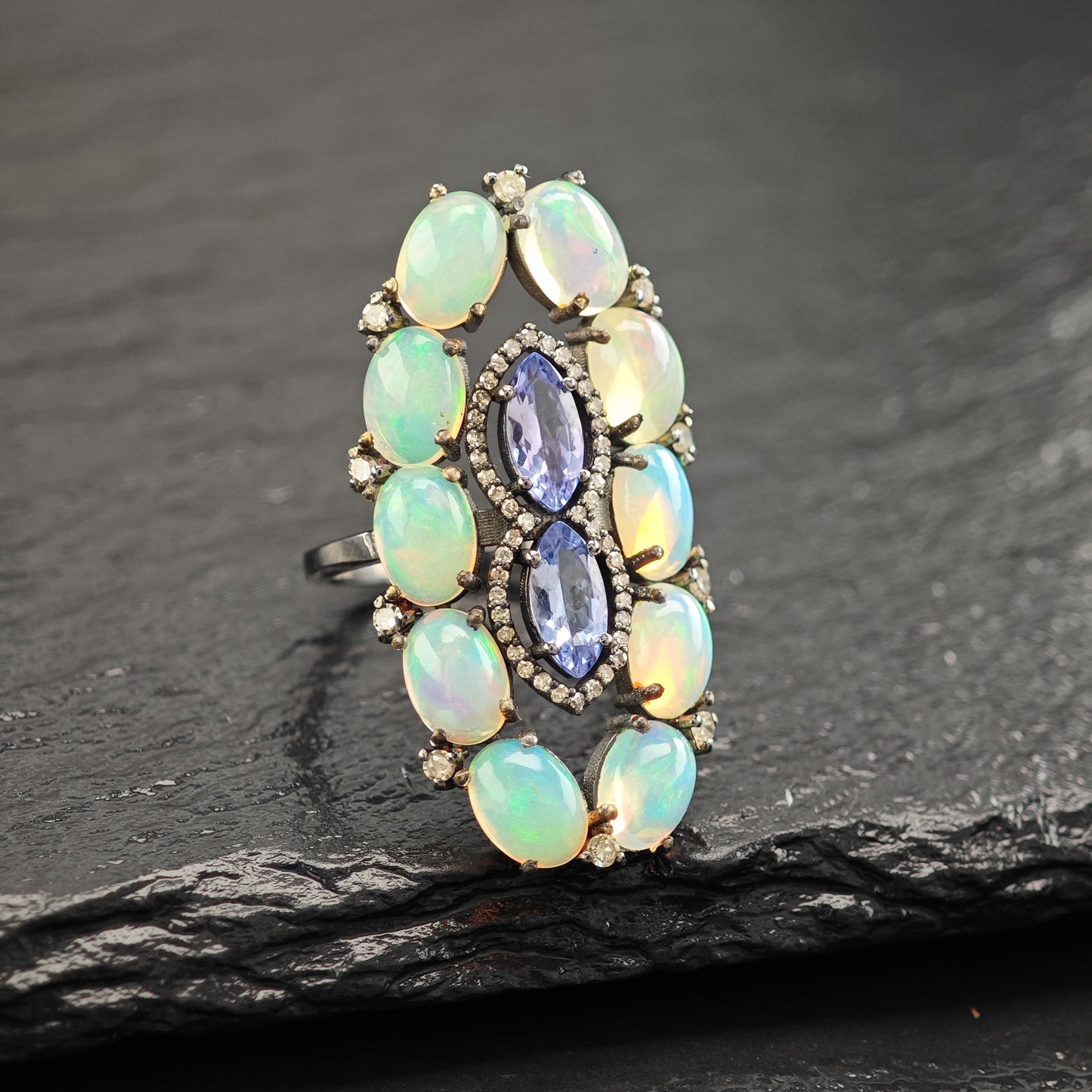Oxidized Sterling Silver Ring with Diamond Tanzanite Opal