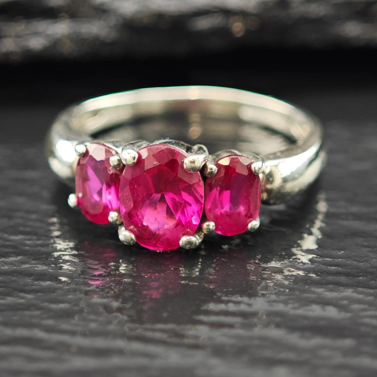 Pink Sapphire 3 Stone Ring Sterling Silver Sz 8 R6190