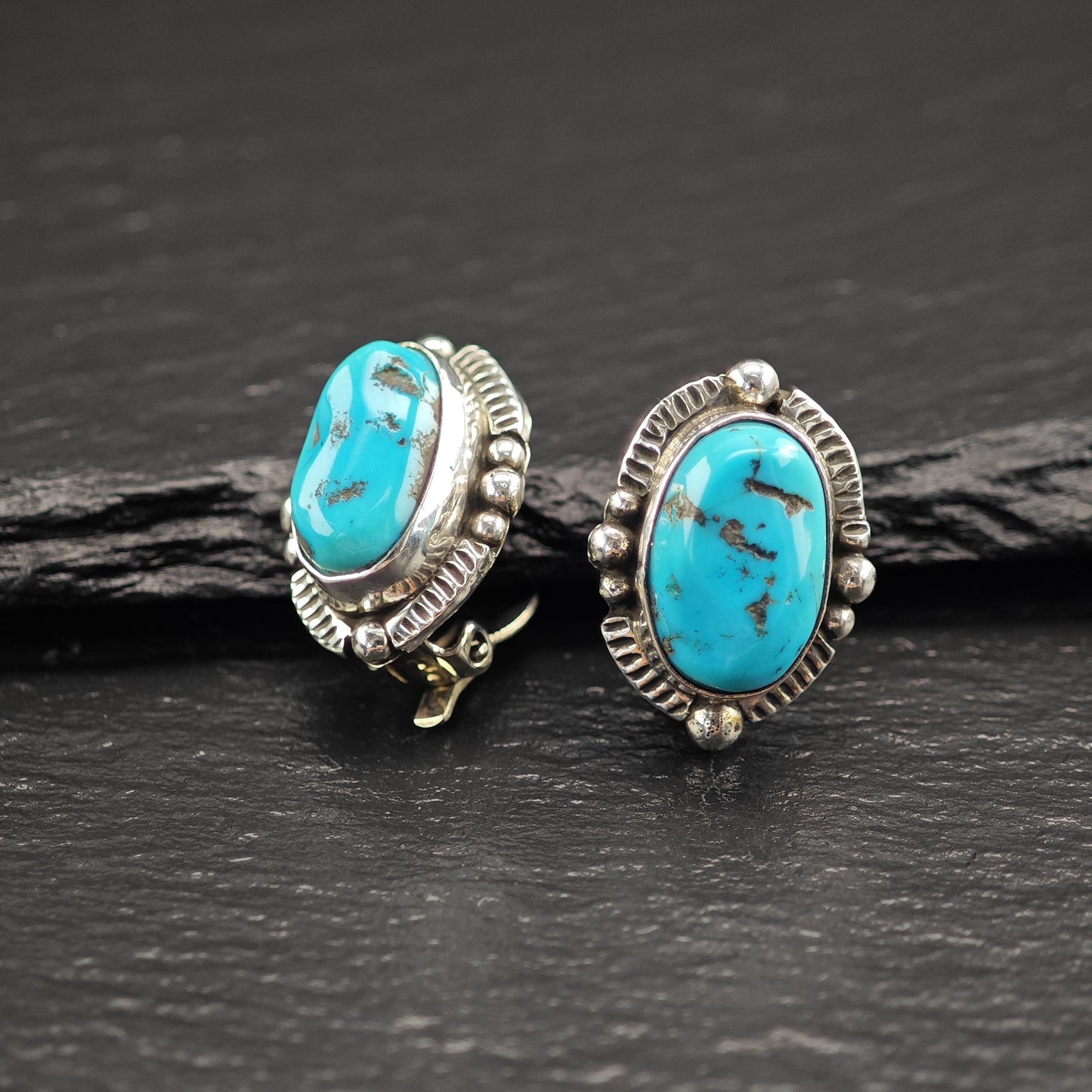 Native American Blue Turquoise Clip-On Earrings Sterling Silver Oval Design