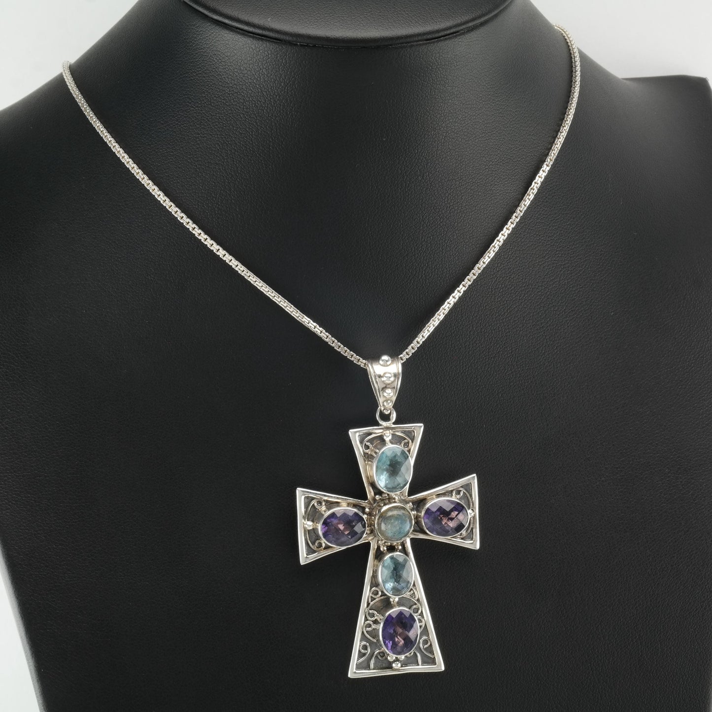 Vintage Nicky Butler Gemstone Sterling Silver Cross Necklace N2410