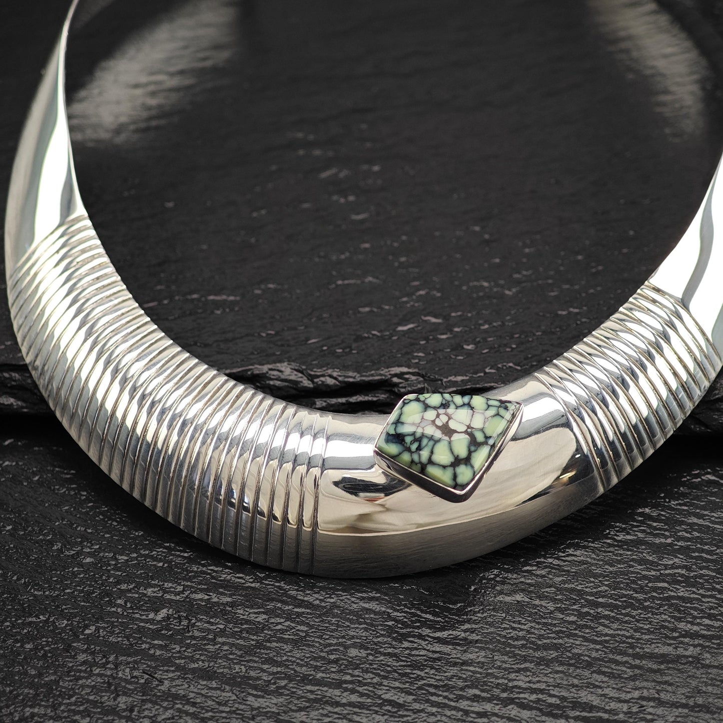 Native Green Variscite, Spiderweb Choker Necklace Sterling Silver Collar N2570