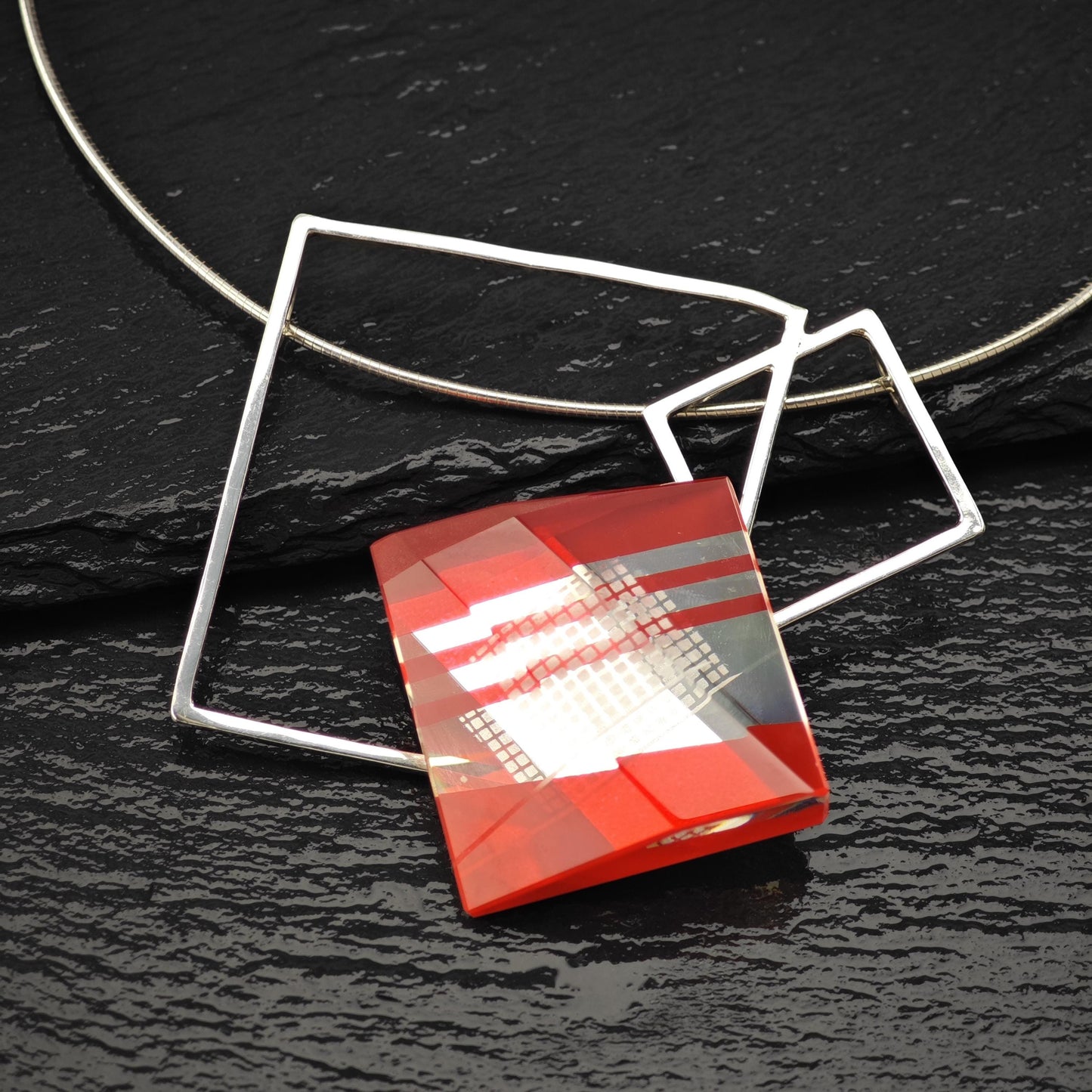 Pavel Novak Sterling Silver Red Glass Abstract, Modernist Necklace