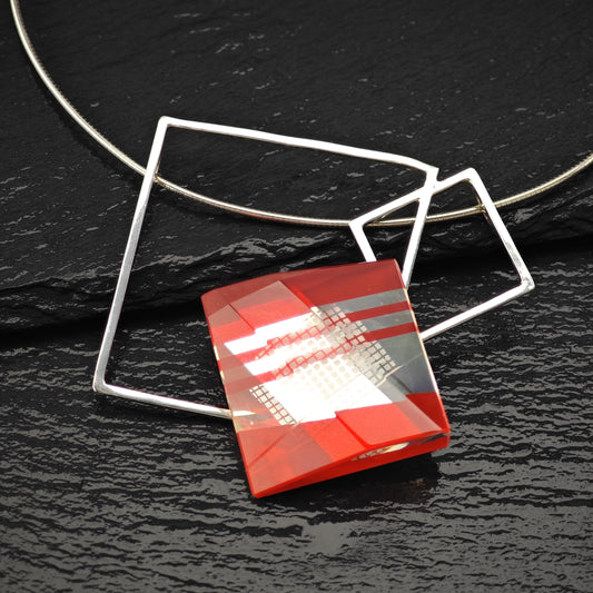 Pavel Novak Sterling Silver Red Glass Abstract, Modernist Necklace