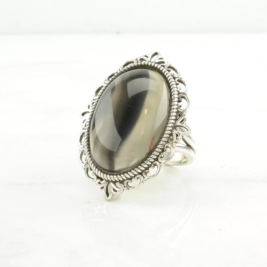 Sterling Silver Ring Agate Black, White Size 7