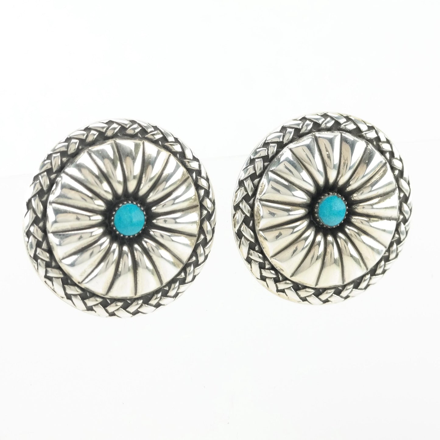 Southwest Block Turquoise Concho Earrings Sterling Silver Screw Back