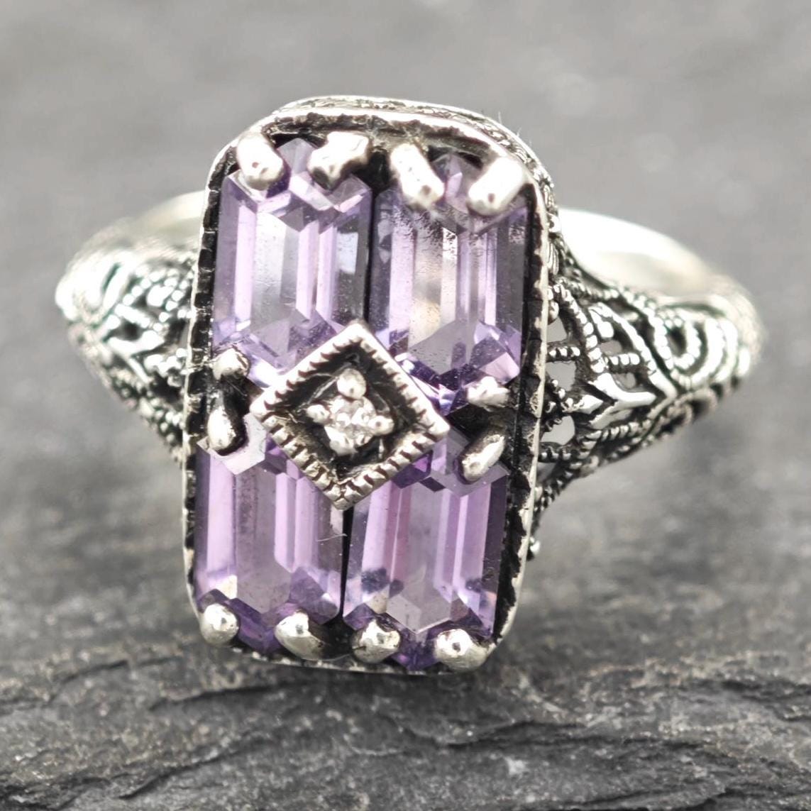 Art Deco Style Amethyst, Diamond Chip Ring Sterling Silver