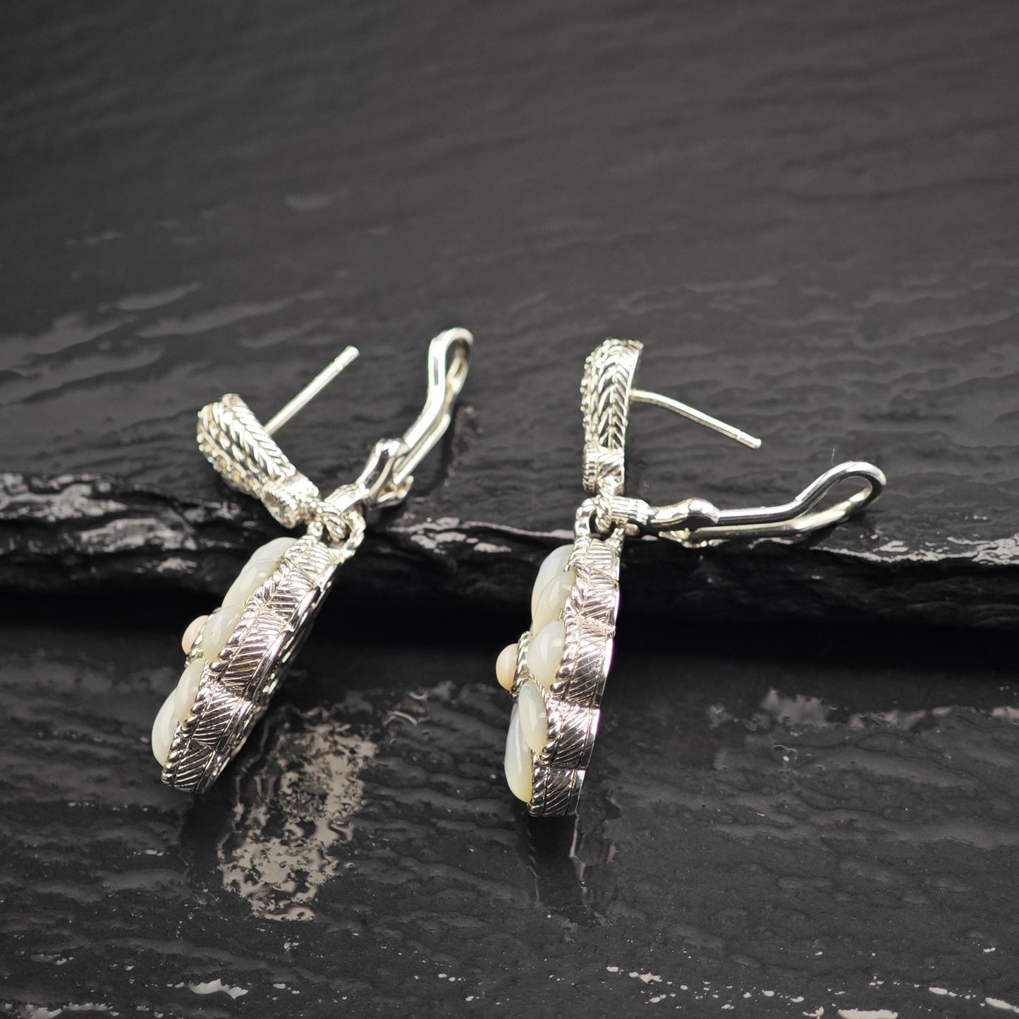 Vintage Judith Ripka Mother of Pearl, CZ Omega Back Sterling Silver Earrings ER3192