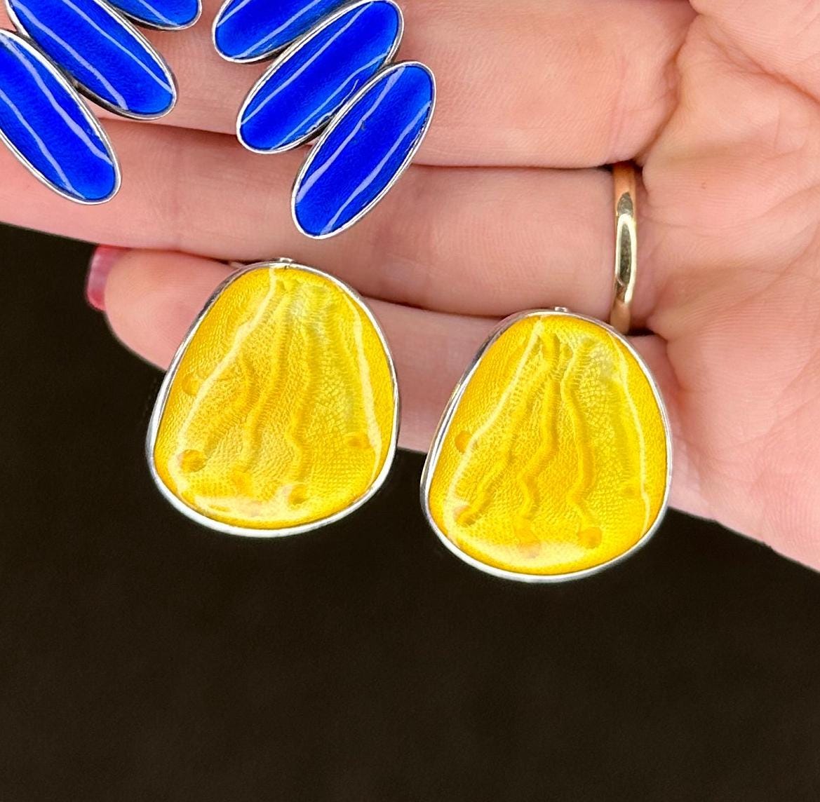 Einar Modahl Sterling Silver and Yellow Enamel Earrings, Norwegian Clip-On Earrings, Circa 1950s