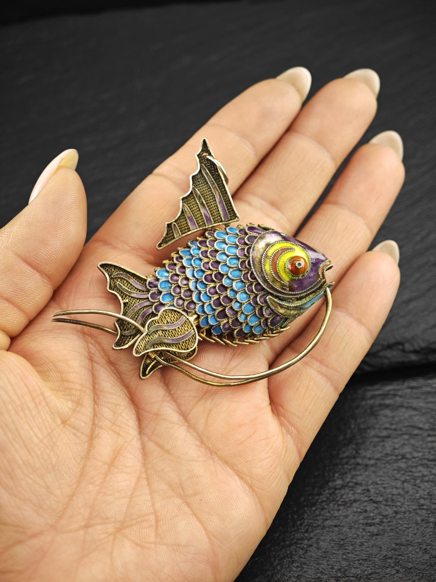 Articulated Enamel Chinese Export Koi Fish, Gold Gilded Sterling Silver P2746