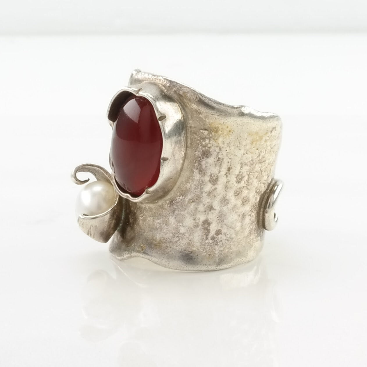 Buddy Lee Mossman Silver Ring Pearl, Carnelian Brutalist Sterling Size 9 1/4