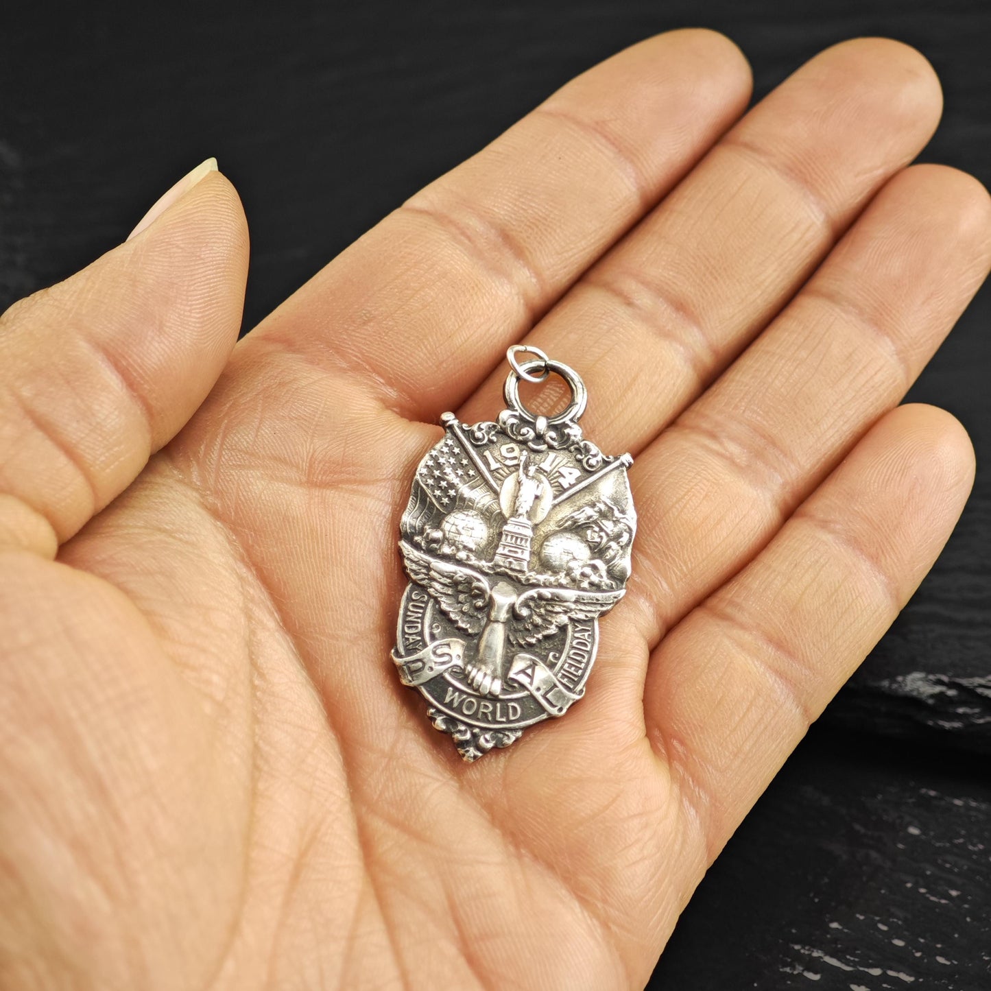 Antique 1914 Sunday World New York City Track Medal Sterling Silver Pendant P3068