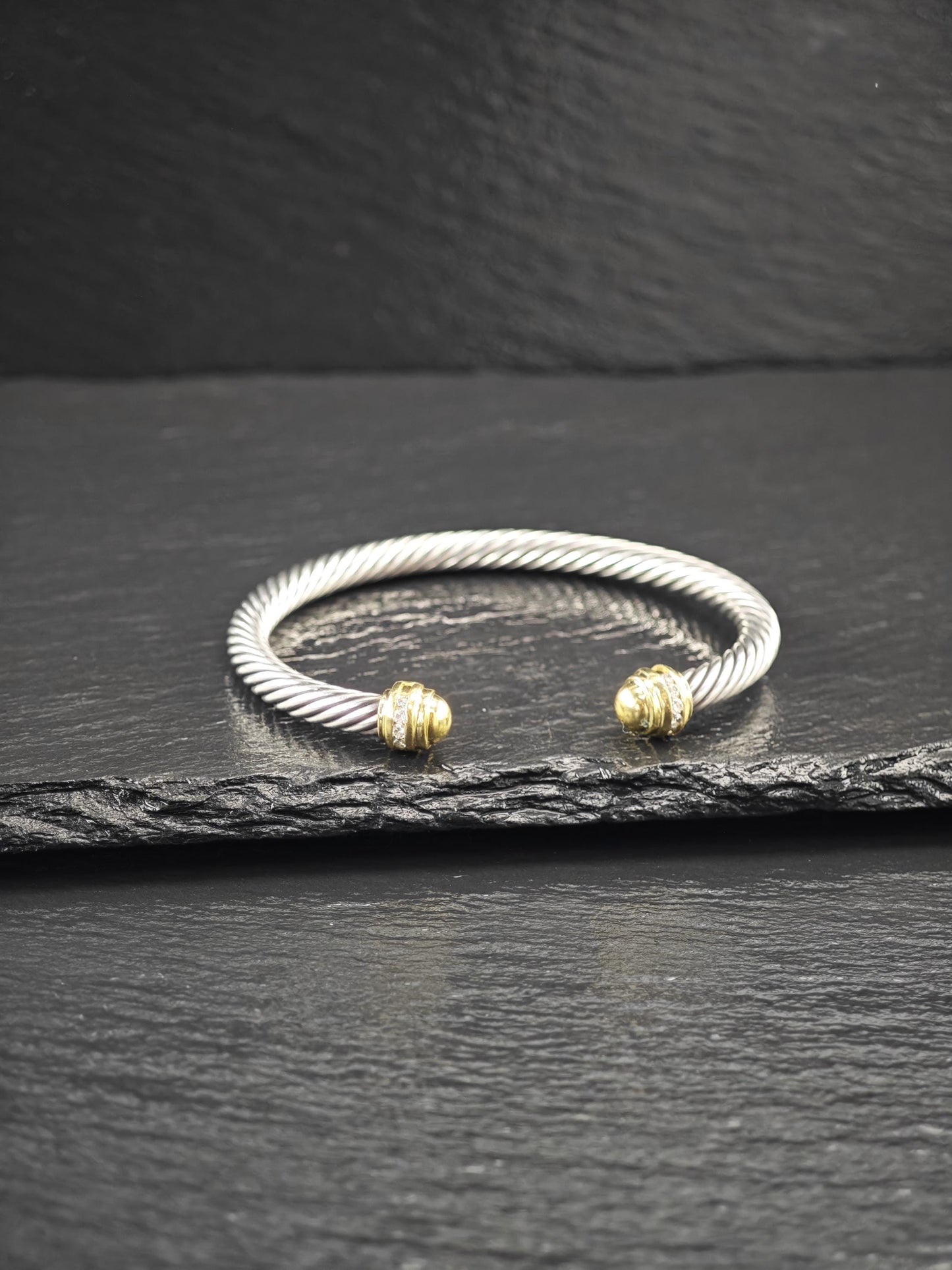 David Yurman 5mm, 18K Gold Accents, Diamond Cuff Bracelet Sterling Silver