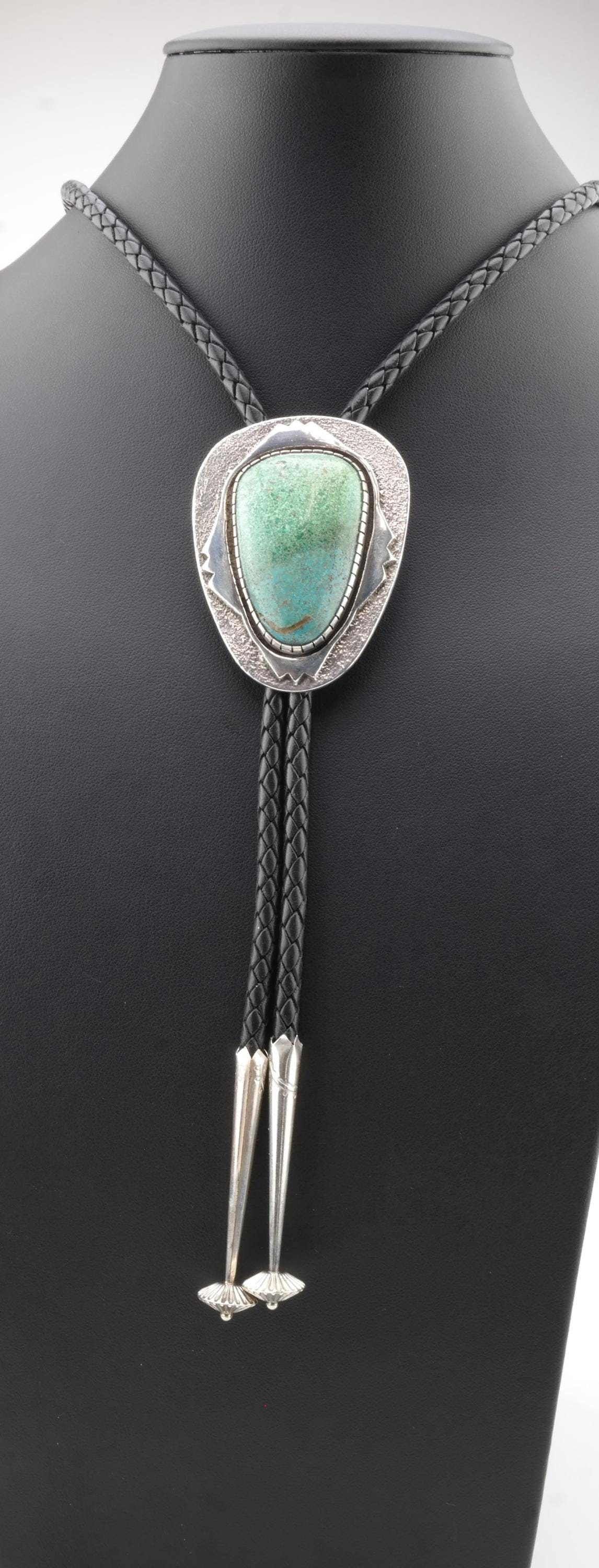 Rare Navajo Bolo Tie | Charles Singer Sterling Silver & Tufa Cast Turquoise | Southwestern Jewelry | 1970s