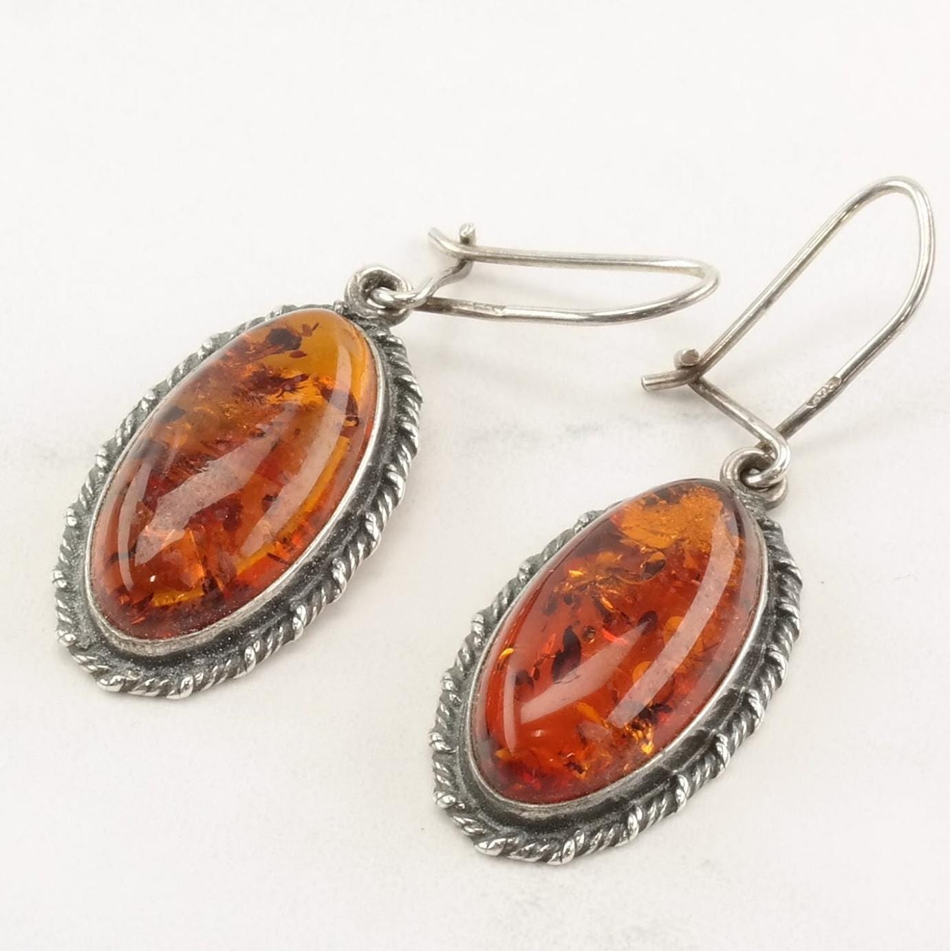 European Sterling Silver Baltic Amber Oval Earrings Fish Hook