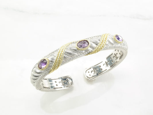 Judith Ripka Cuff Bracelet Amethyst CZ Gold Overlay Sterling Silver