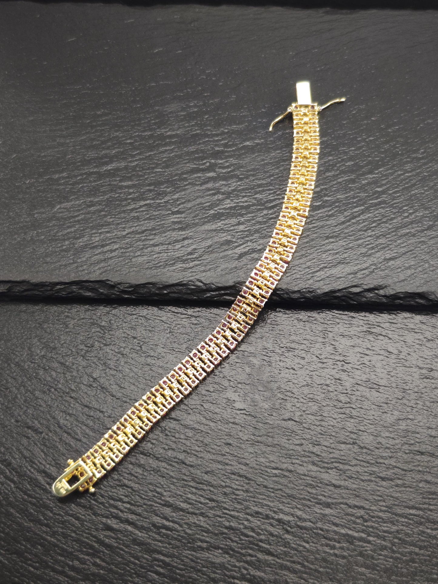 Gold Plated Lead Glass Filled Ruby Three Row Line Bracelet Sterling Silver