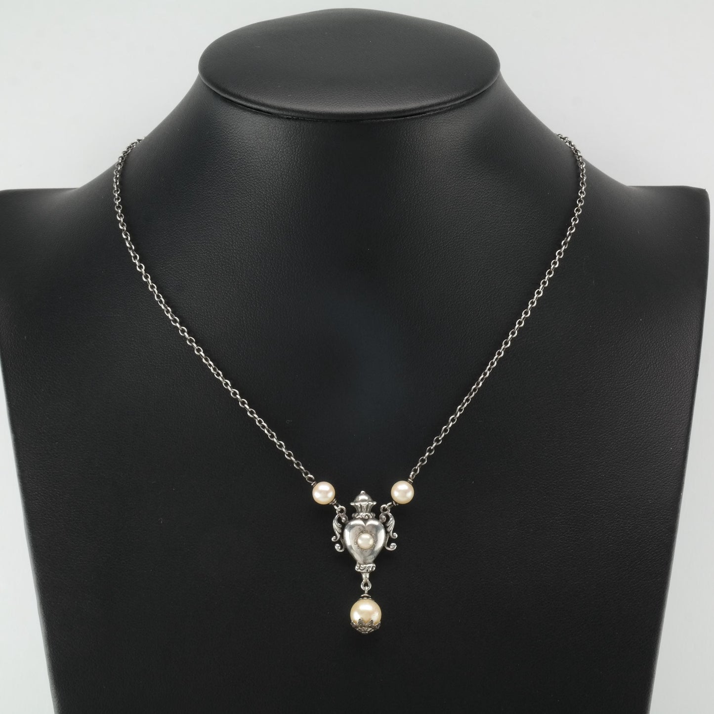 Vintage Art Novaue Natural Pearl, Rose Cut Ruby Urn Sterling Silver Necklace N2377