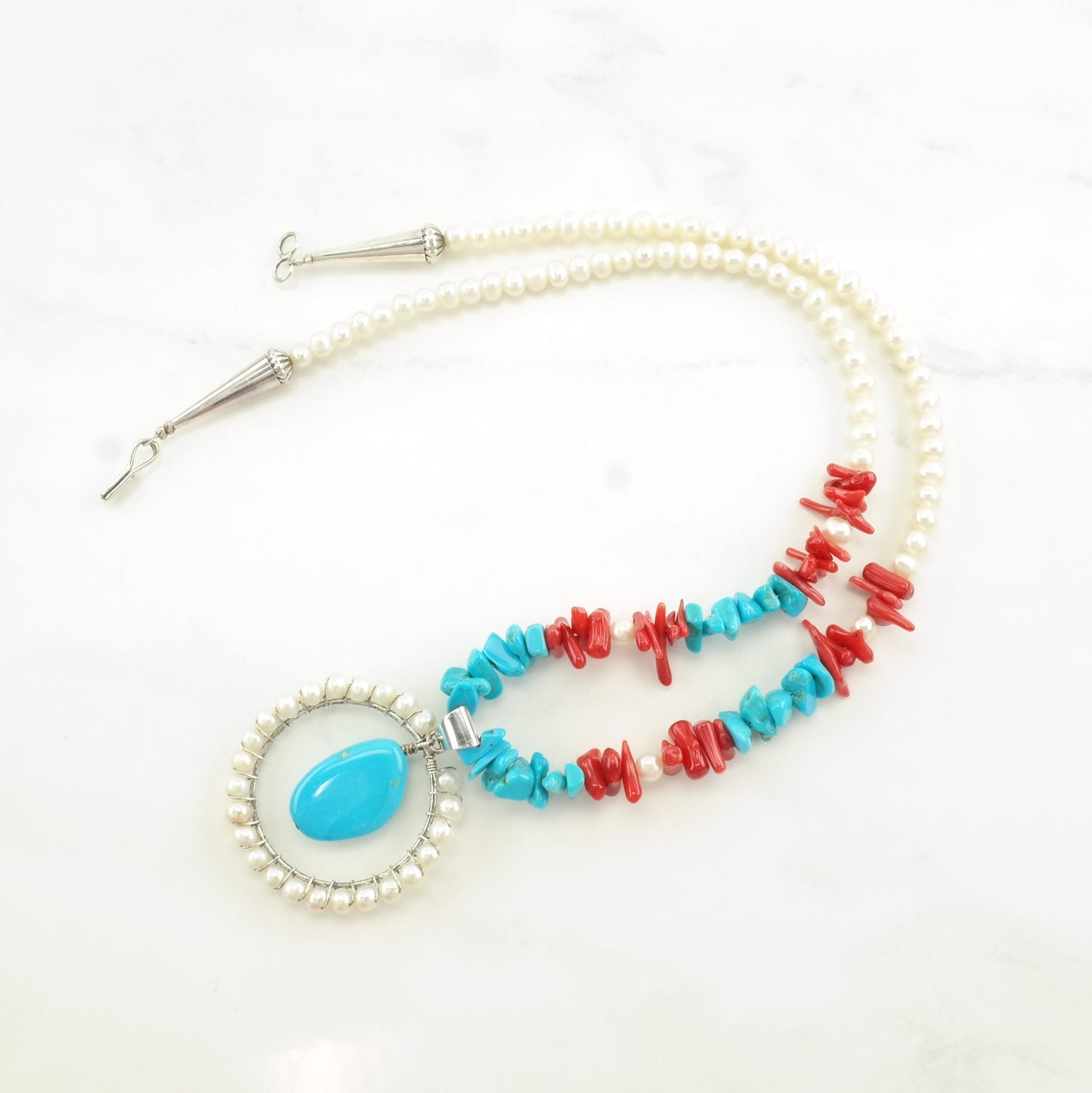 Sterling Silver Blue, Red Coral, Turquoise Pearl Necklace