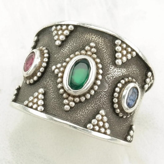 Vintage Sterling Silver Ring Sapphire, Ruby, Chrysoprase Cluster, Overlay Size 7 1/2