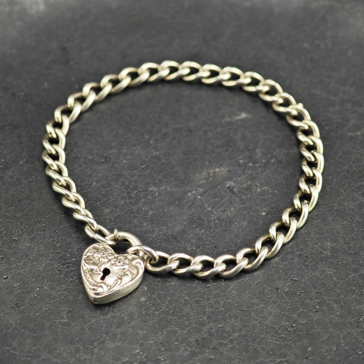 Antique Repousse Heart Lock Sterling Silver Bracelet Sz 6" BR3167