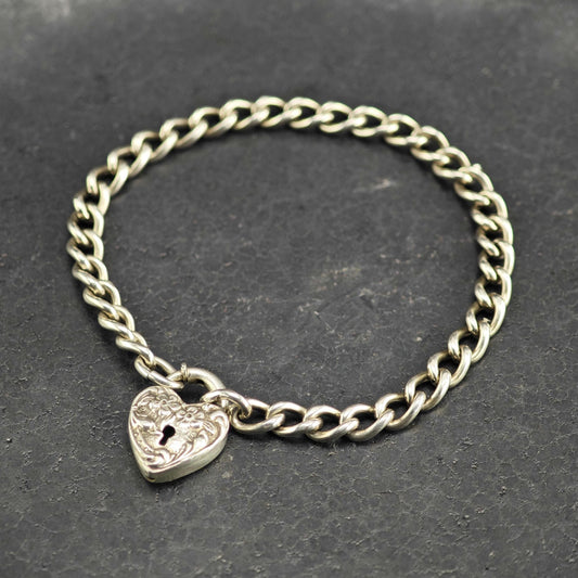 Antique Repousse Heart Lock Sterling Silver Bracelet Sz 6" BR3167