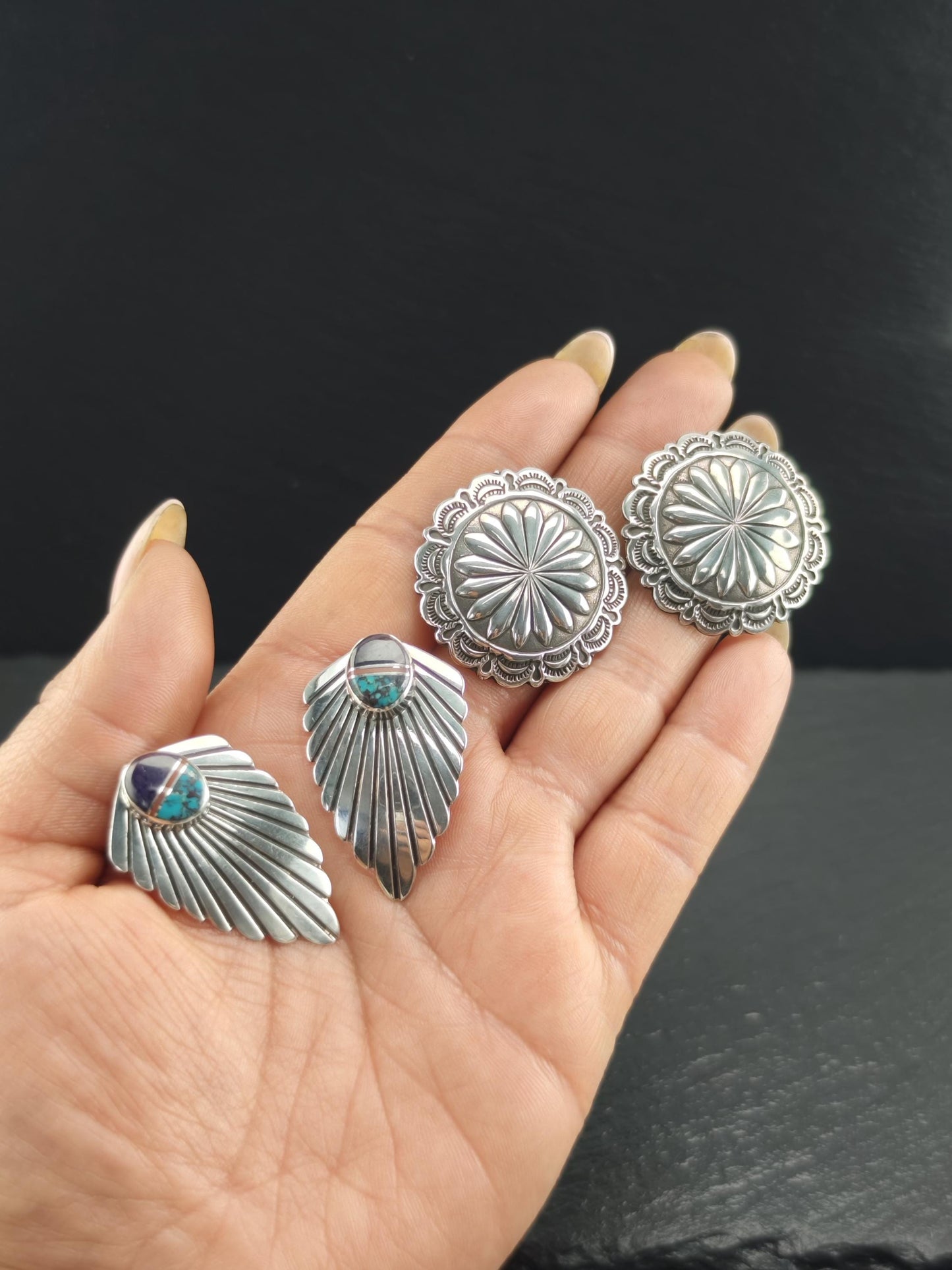 Vintage Concho Round, Shield Stud Earrings Sterling Silver