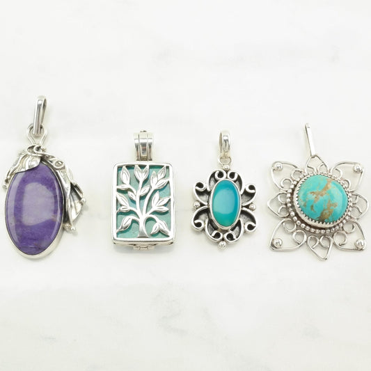 Vintage Charoite, Turquoise Sterling Silver Pendant