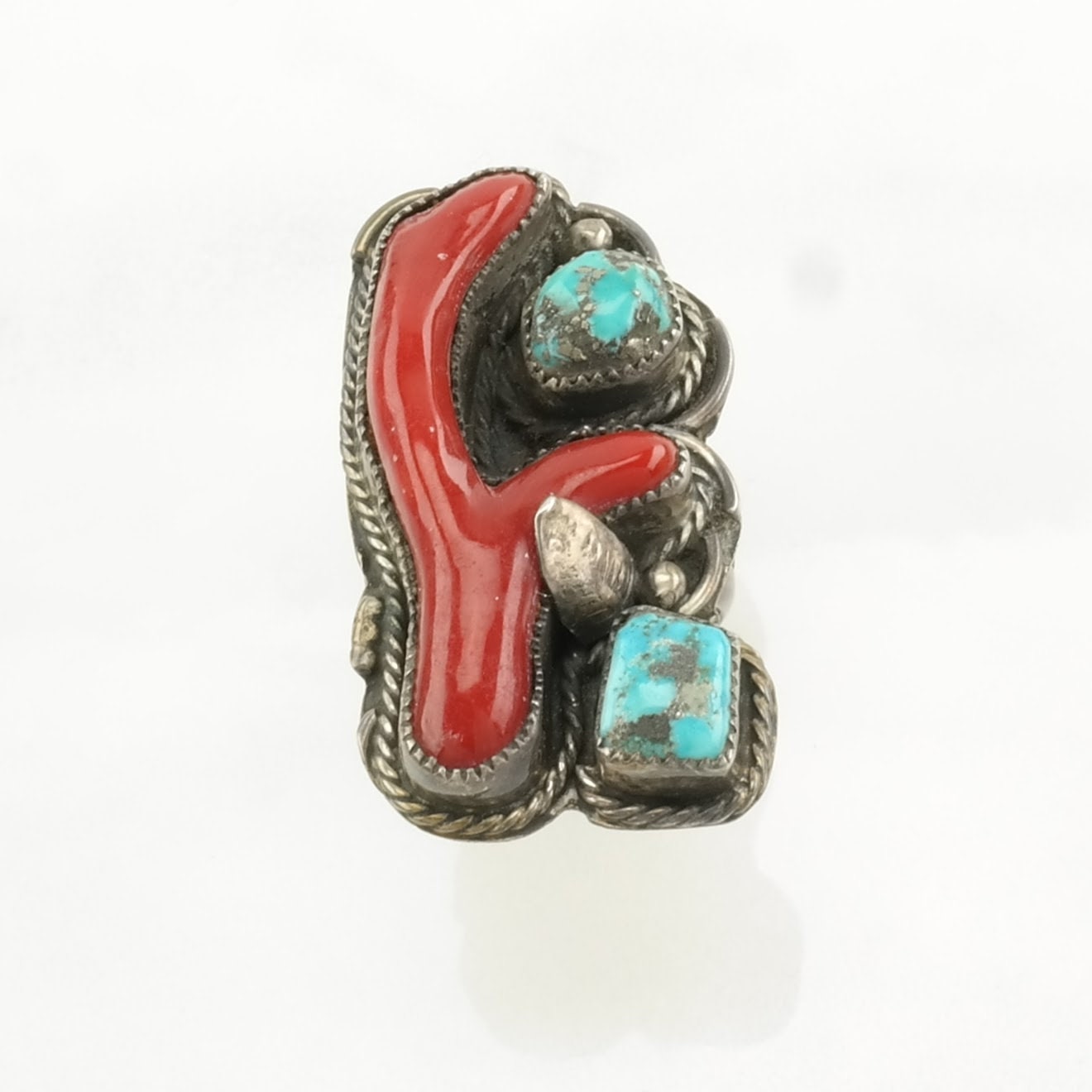 Native American Silver Ring Turquoise, Coral Sterling Blue, Red Size 7