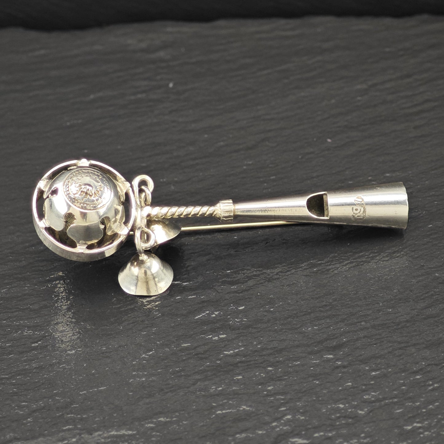 Vintage Old Sterling Silver Brooch Bells, Whistle