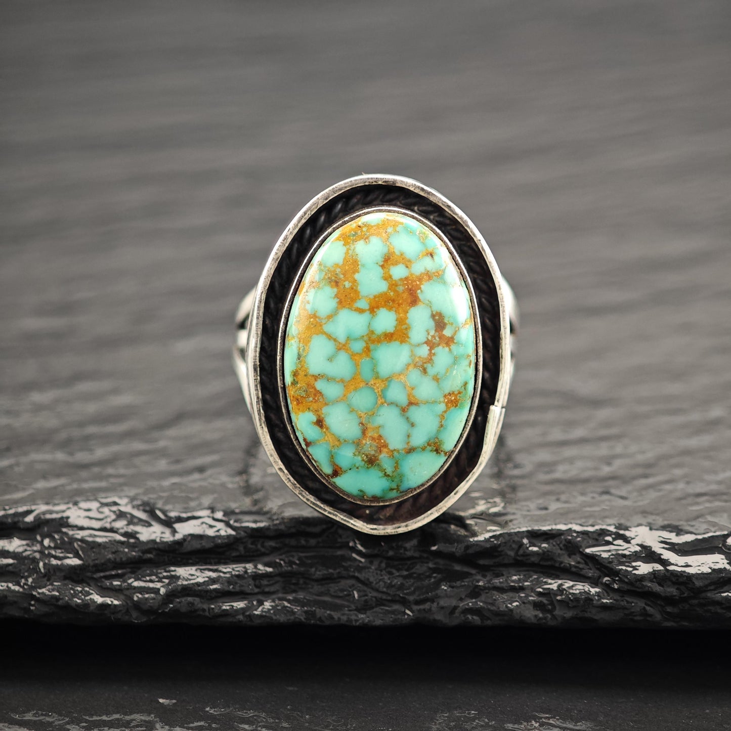 Turquoise #8 Shadowbox Oval Ring Sterling Silver