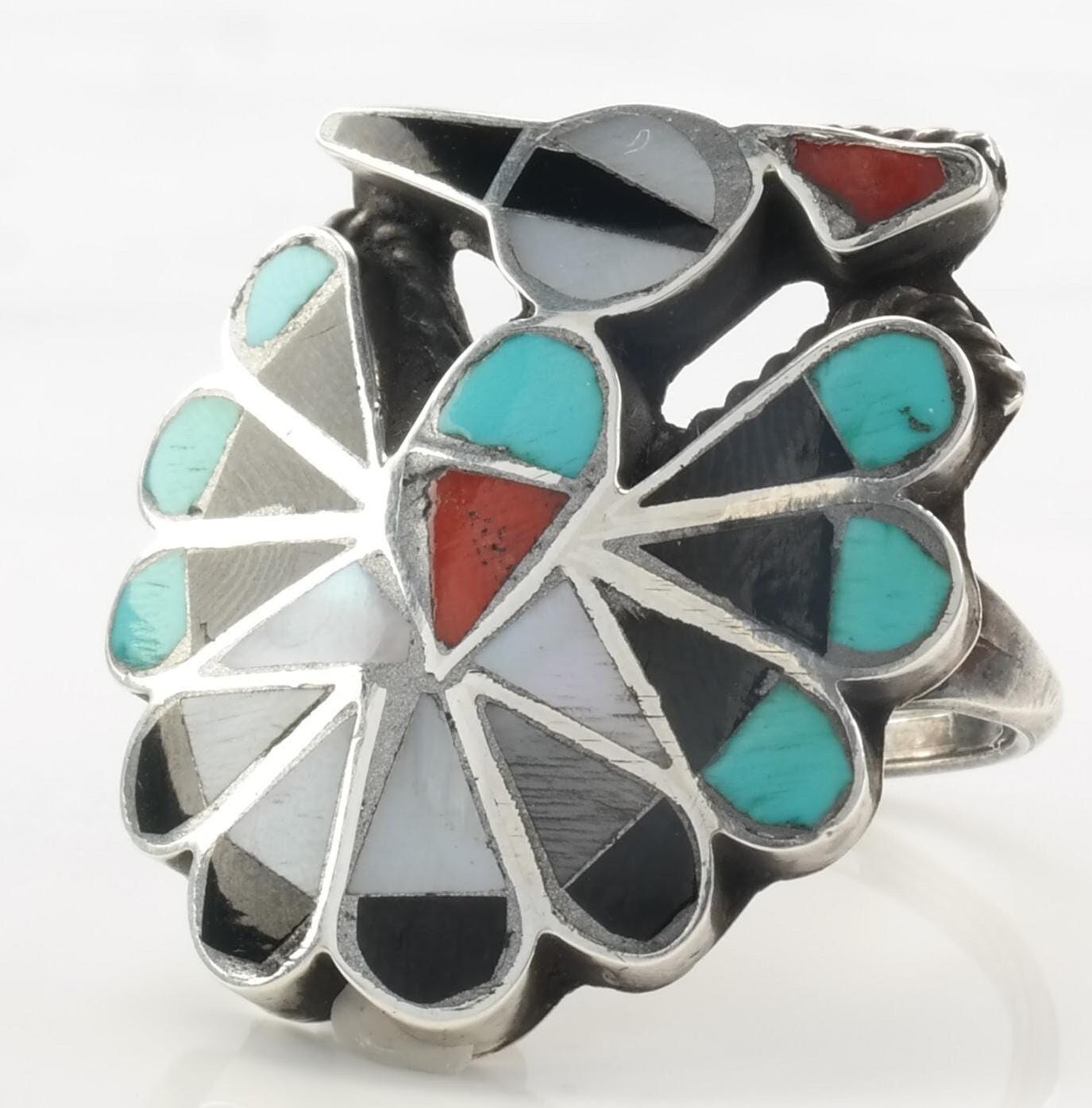 Vintage Native American Silver Ring Peyote Inlay, Bird Sterling Size 8 3/4