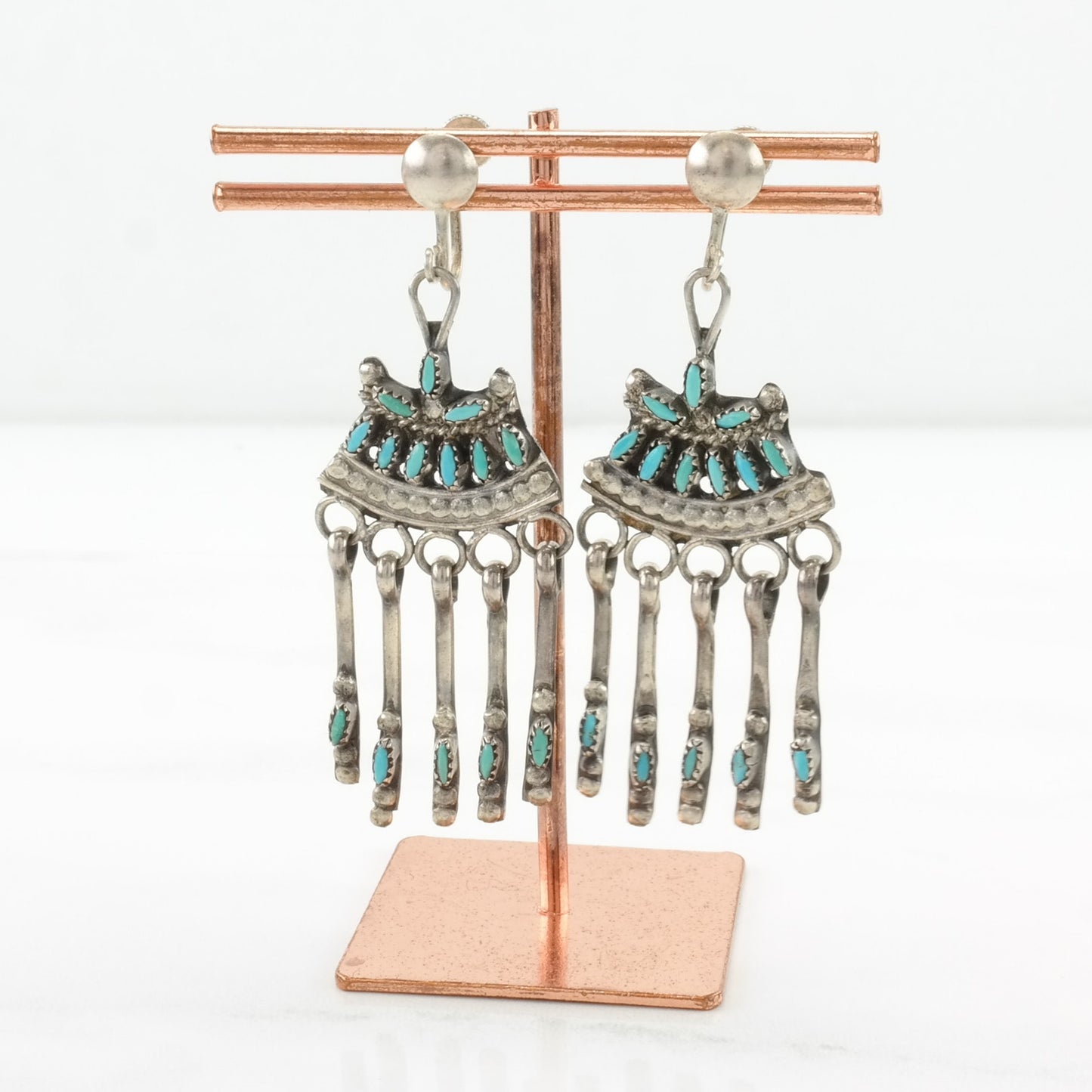 Sterling Silver Screw Back/Dangle Earrings Zuni Blue Turquoise Petit Point