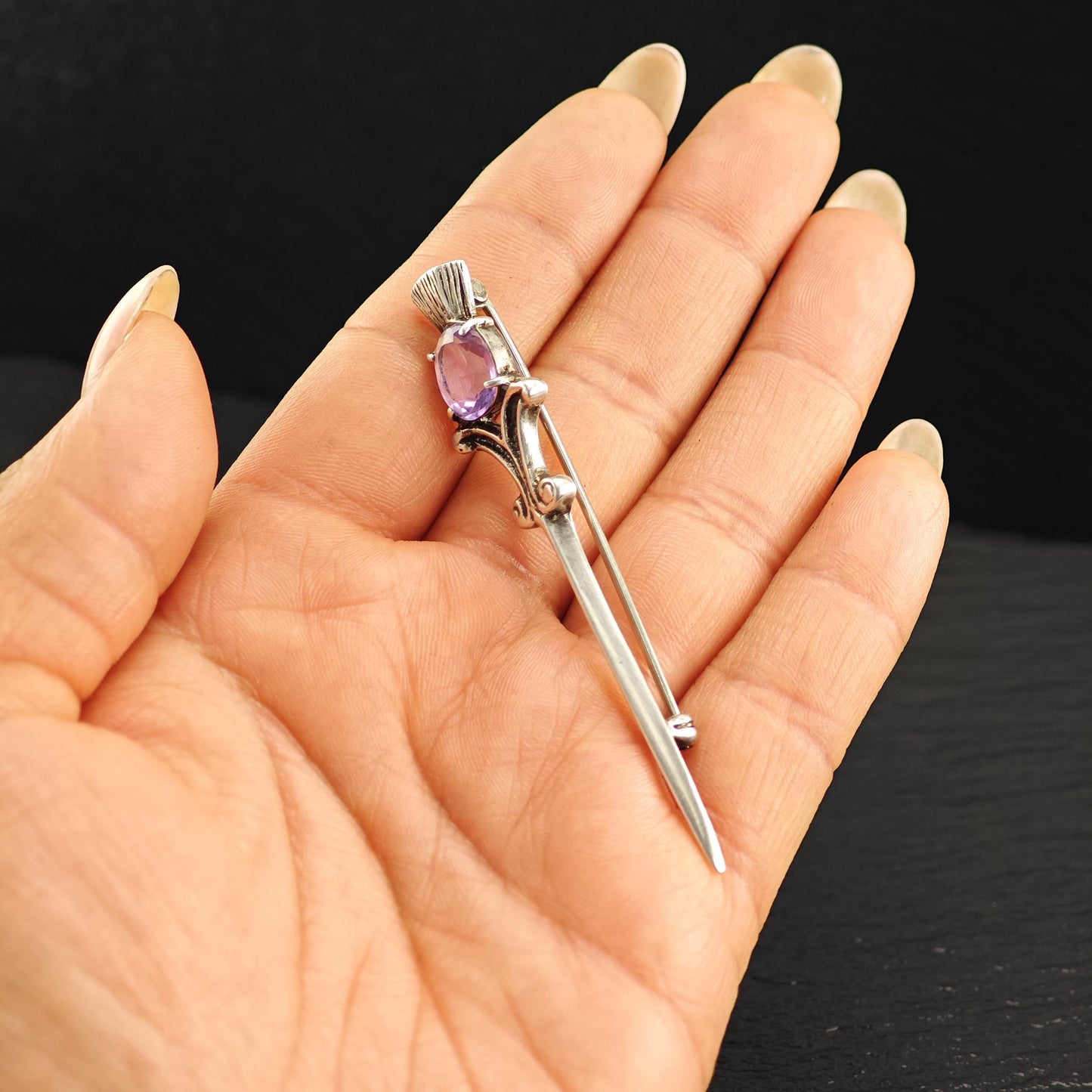 Purple Amethyst Sword Brooch Sterling Silver