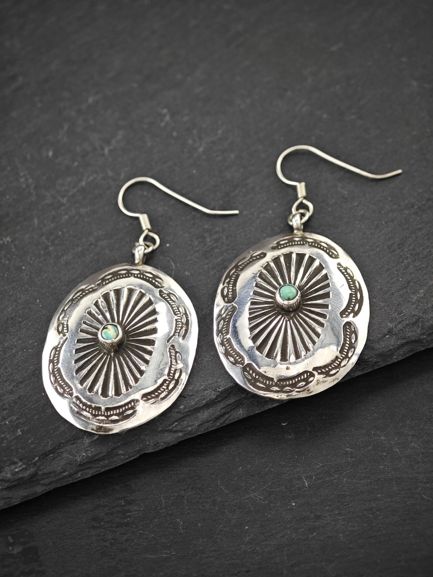 Native American Shield, Stamped Fish Hook Earrings Sterling Silver