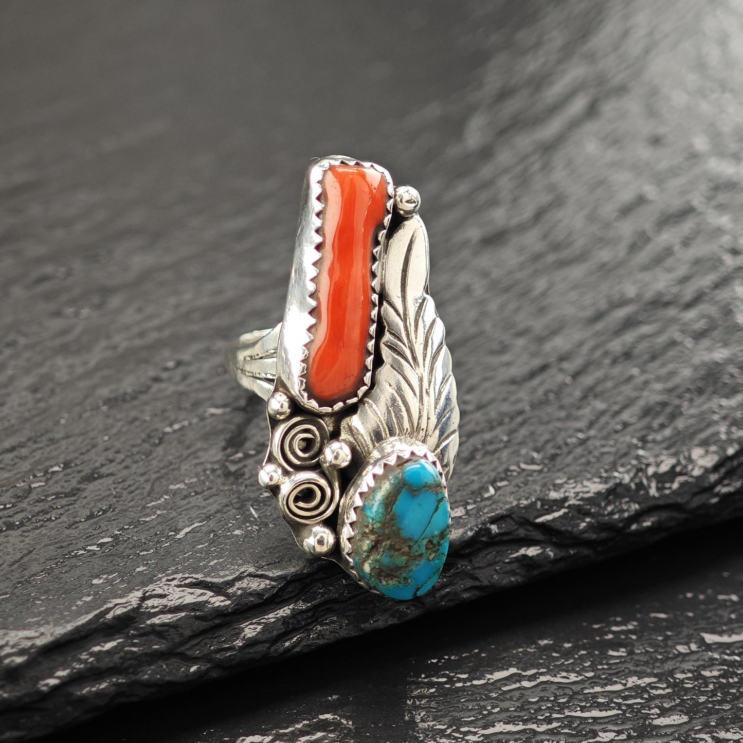 Turquoise Coral Floral Ring Sterling Silver Size 6 1/2 R5829