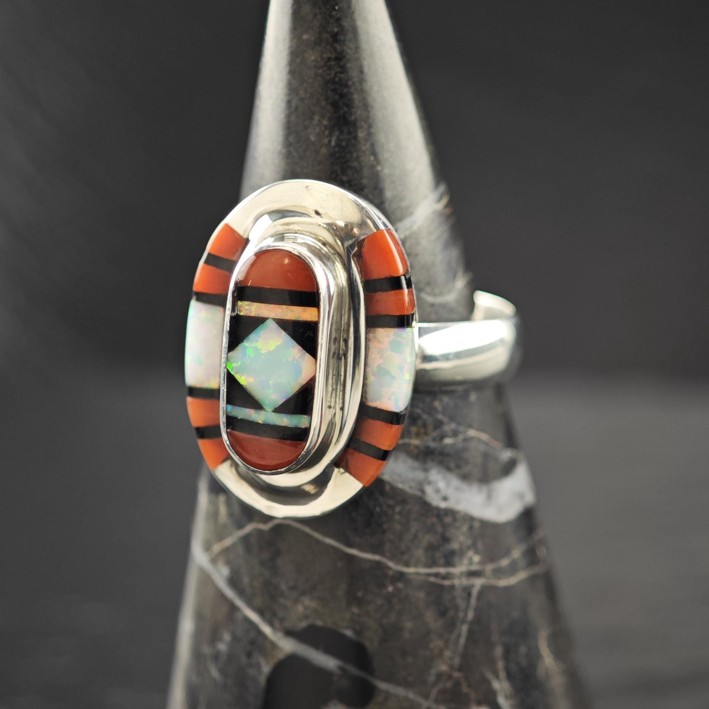 Native Opal, Coral Inlay Ring Sterling Silver Sz 9 1/2 R5952