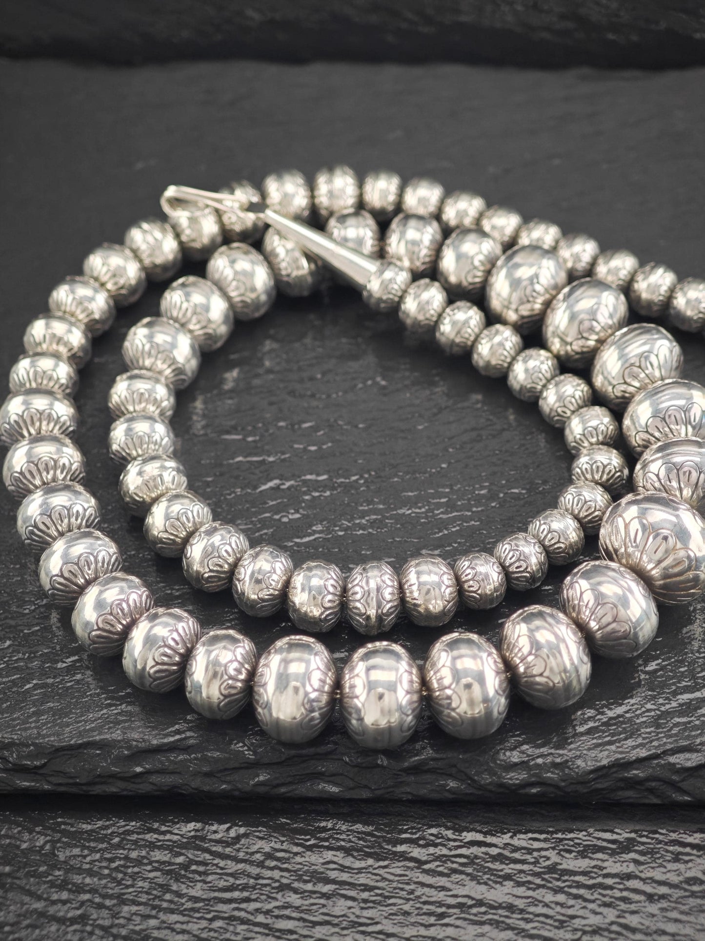 Native 17-8mm, Graduated Stamped Beaded, Necklace Sterling Silver N2512