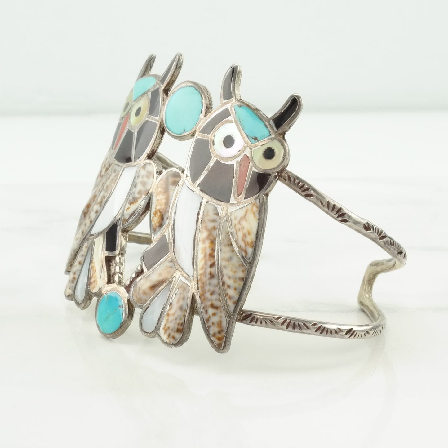 Vintage Zuni, Native American Sterling Silver Cuff Bracelet Multi Stone Inlay, Owls