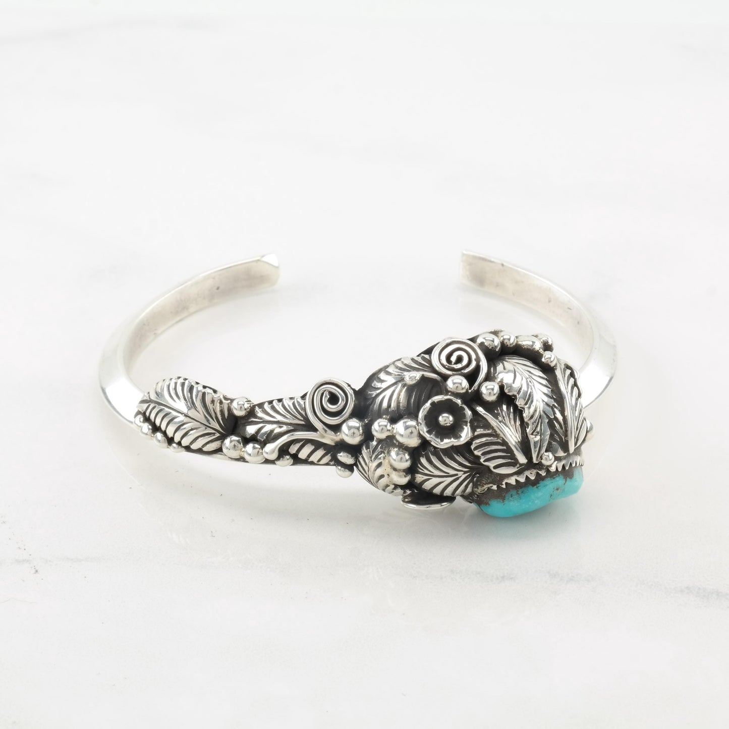 Native American Blue Turquoise Floral, Feather Sterling Silver Cuff Bracelet