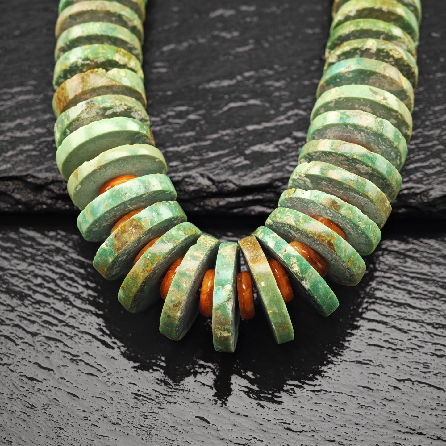 Heishi Necklace Turquoise and Spiny Oyster Beads Sterling Silver Graduated 7-21mm N2666