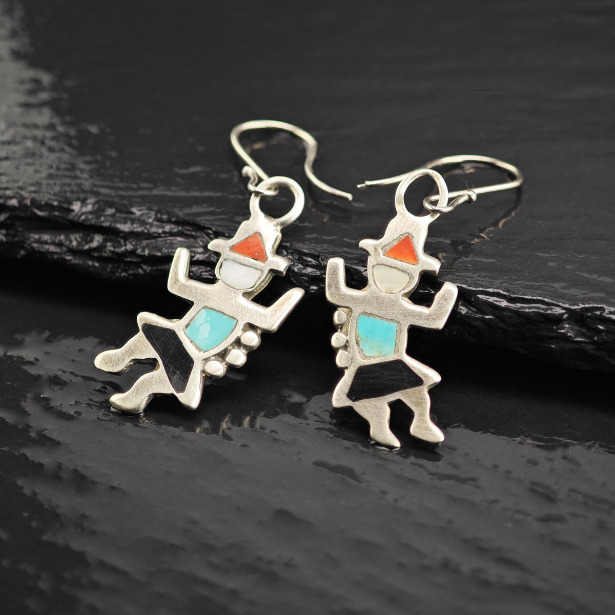 Native American Kachina Multistone Inlay Sterling Silver Dangle Earrings ER3212