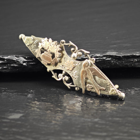 Rose Gold Accent Bird & Flower Brooch Sterling Silver B2243